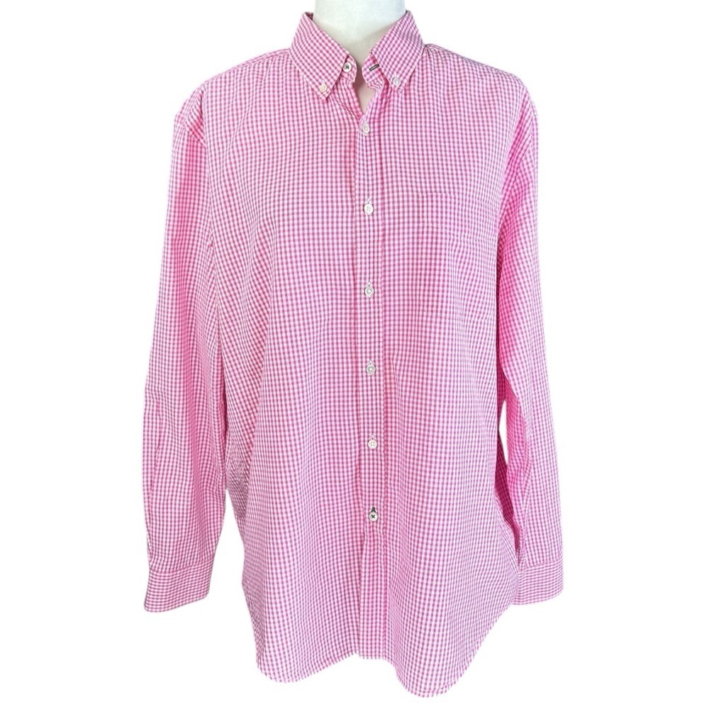 J McLaughlin Windowpane Button Down Shirt Large Pink White Relaxed Gingham